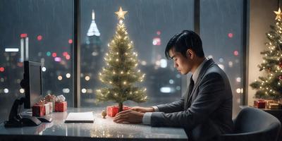 The primary subject of the image is a man sitting at a table with a Christmas tree in front of him. The setting is a room with a cityscape visible in the background. The visual style is a photo, and the colors and mood are predominantly dark, with the Christmas tree being the main source of light and festivity.